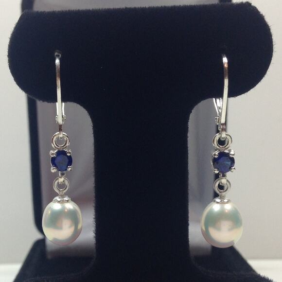 Beautiful Pearl & Sapphire Earrings in Sterling Silver Dangle Pearl Earrings - Picture 4 of 4